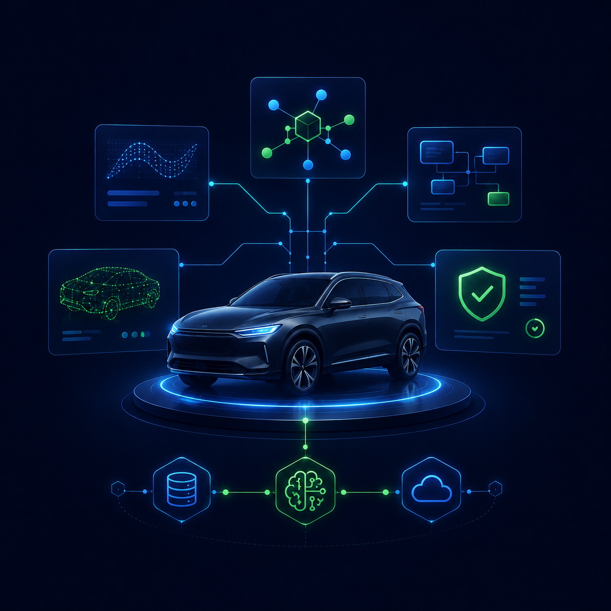 LotLenz vehicle verification network showing a connected vehicle with data, cloud, AI, and trust signal icons.
