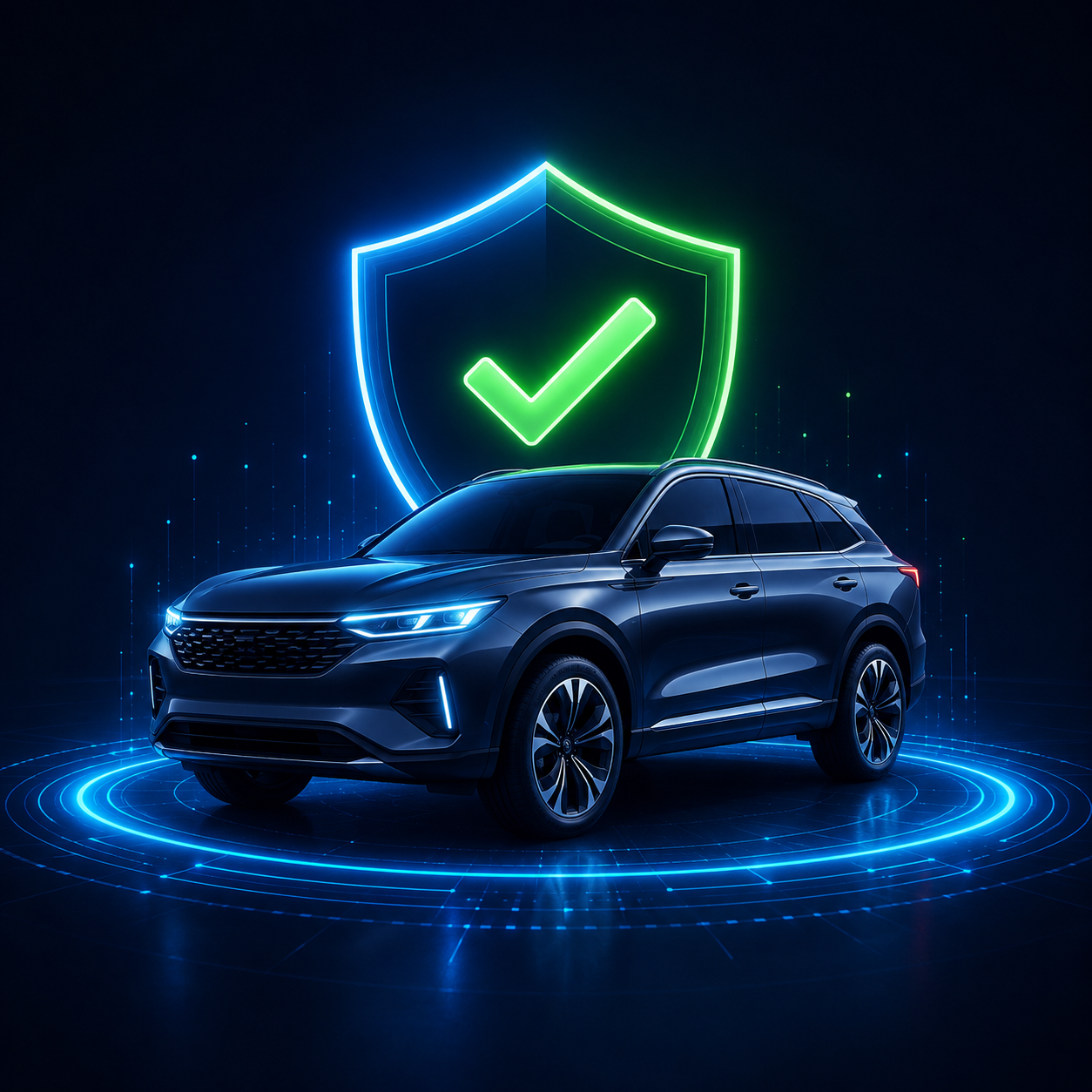 LotLenz verified vehicle security image showing a vehicle with a glowing shield and checkmark.