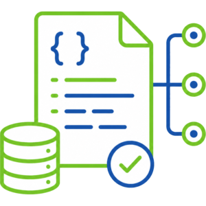 Icon showing structured data, a database, and verification checkmark representing machine-readable vehicle verification records.