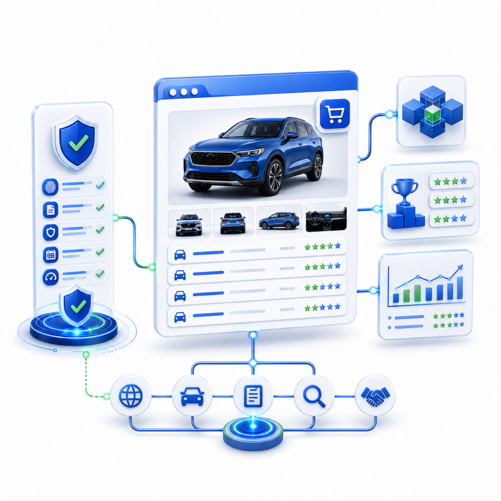 Illustration showing vehicle listing data, verification records, analytics, and platform workflow connections for marketplace integrations.