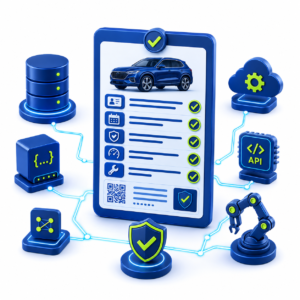 Illustration showing a vehicle verification record connected to databases, APIs, settings, and platform workflow systems.