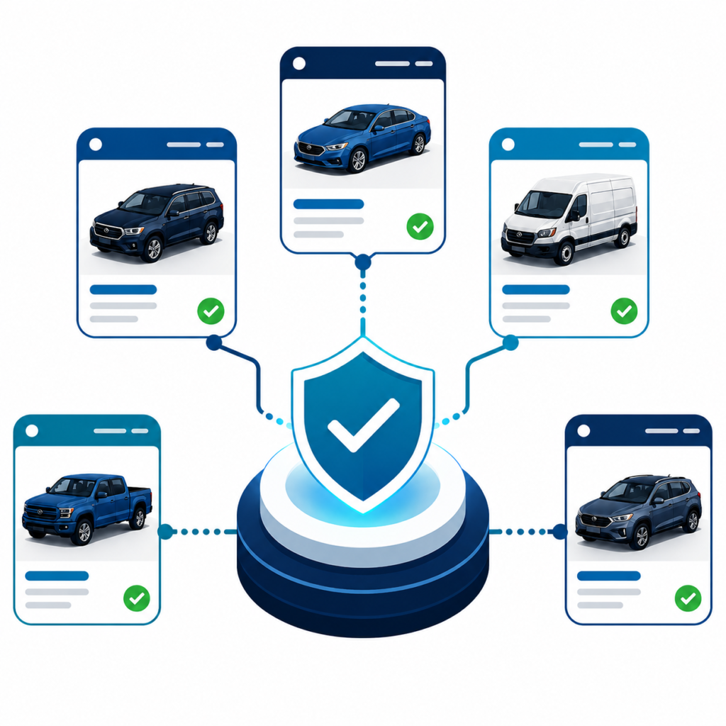 Illustration showing multiple verified vehicle listing cards connected to a central trust shield for marketplace inventory verification.