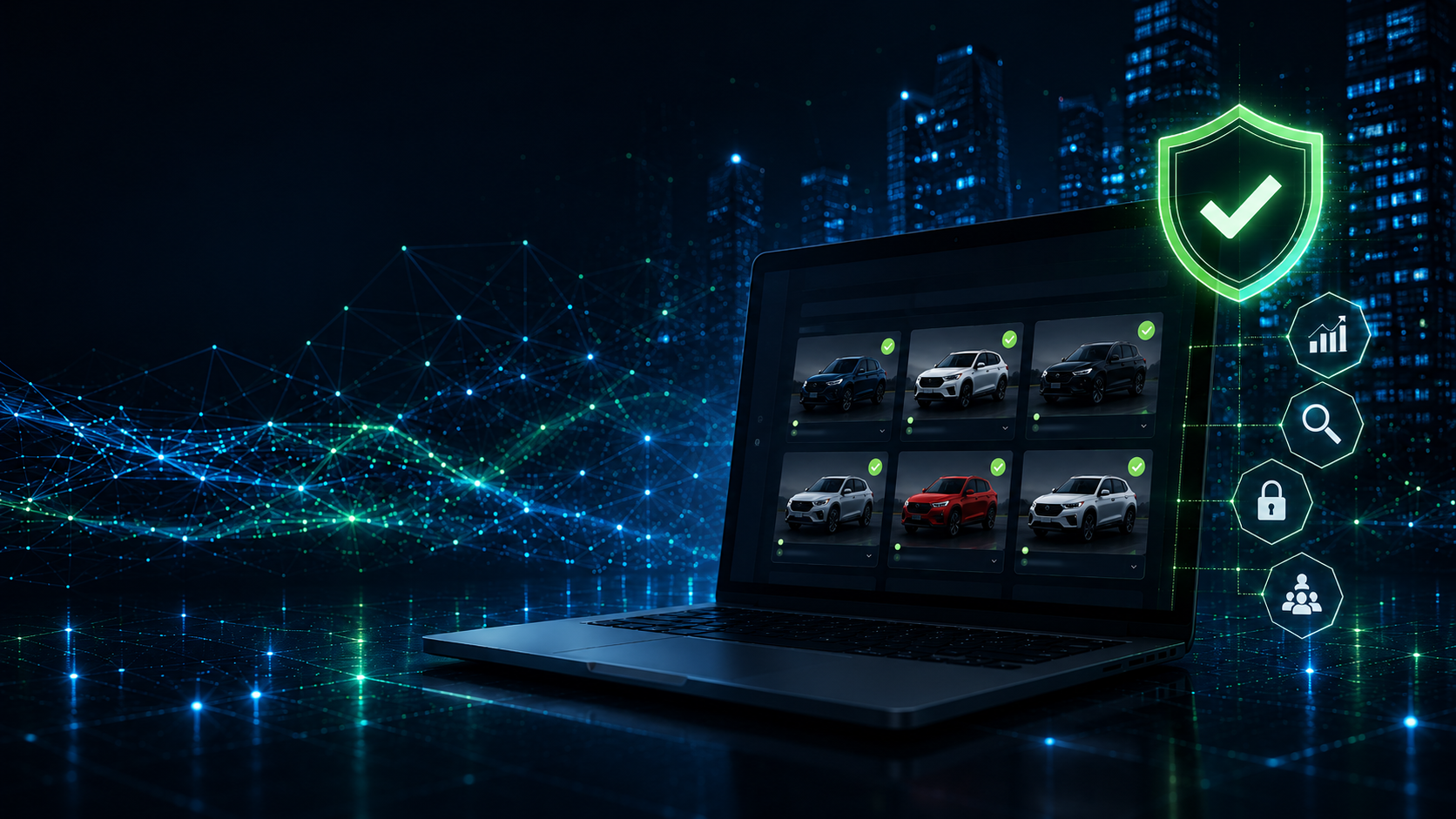 LotLenz Marketplaces and Platforms hero showing verified vehicle listings, a trust shield, marketplace data, search, analytics, and security icons.