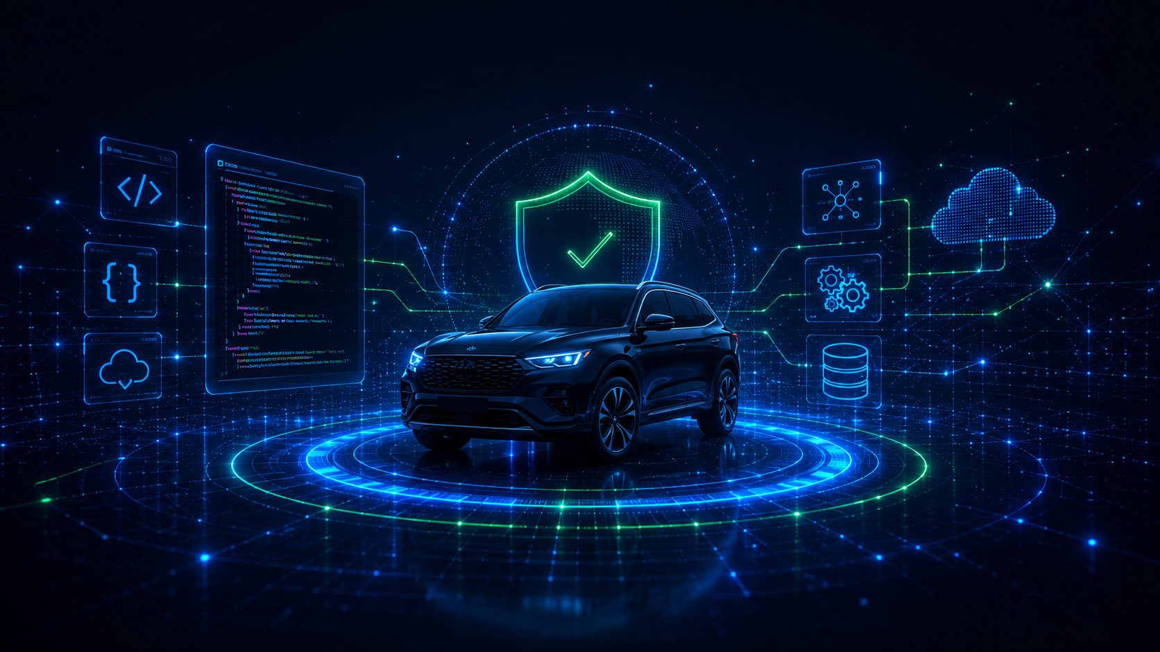 Dark LotLenz marketplace integration background showing a verified vehicle, code panel, cloud, database, and platform workflow icons.