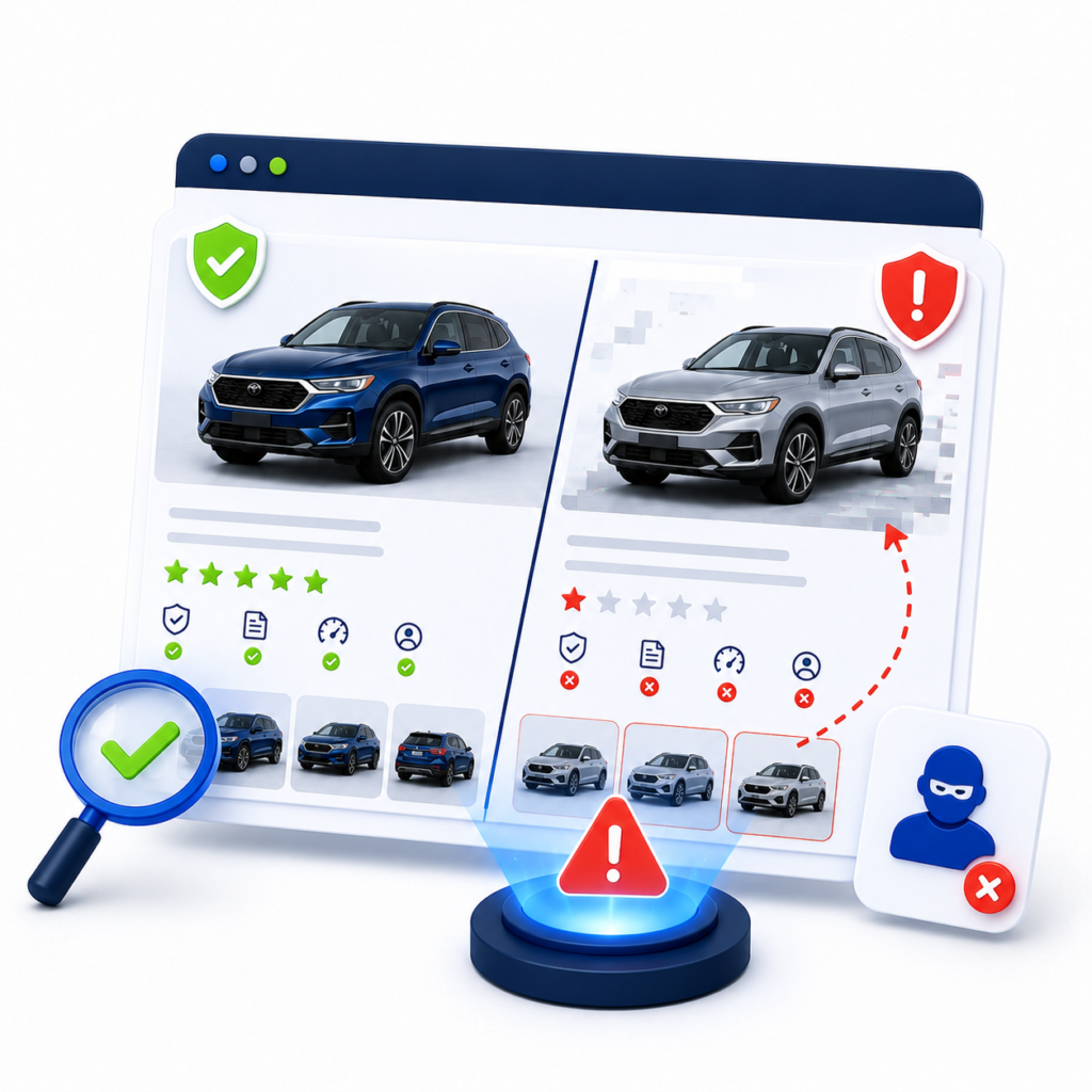 Illustration showing vehicle listings with warning icons, verification checks, and fraud indicators for identifying reused or mismatched imagery.
