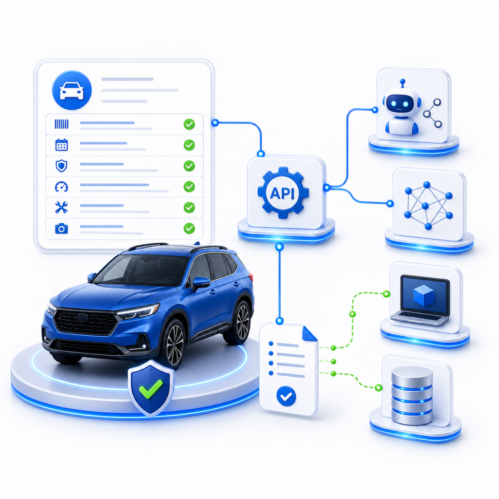 Illustration showing a verified vehicle record connected to API access, AI agent, database, platform systems, and machine-readable verification signals.