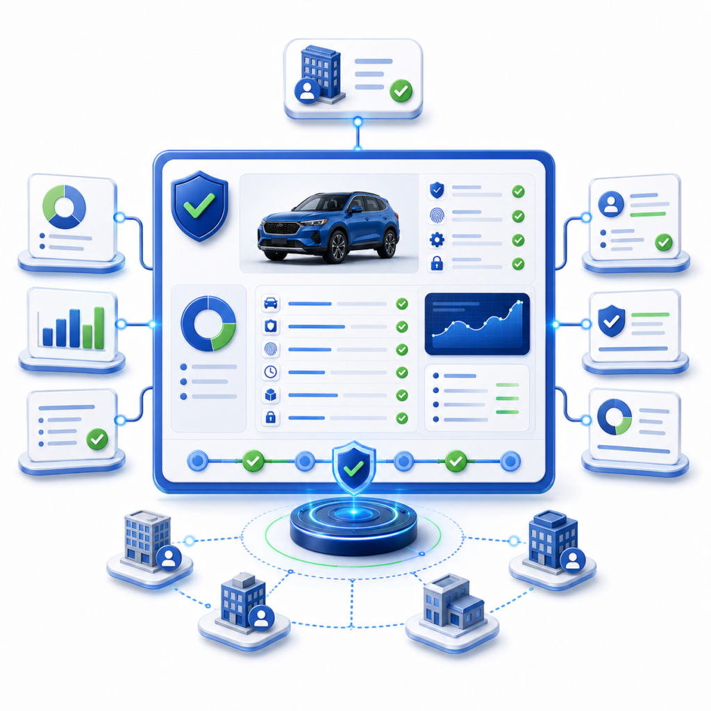 Illustration showing a partner dashboard with verified vehicle records, analytics, trust metrics, and connected reporting panels.