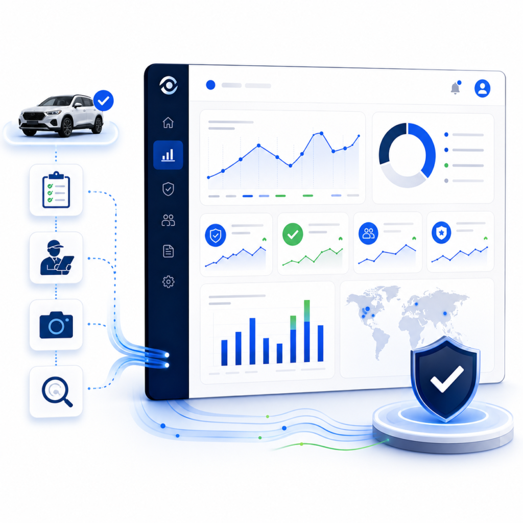 Illustration showing analytics dashboards, verification reports, trust metrics, and vehicle data used for partner reporting.