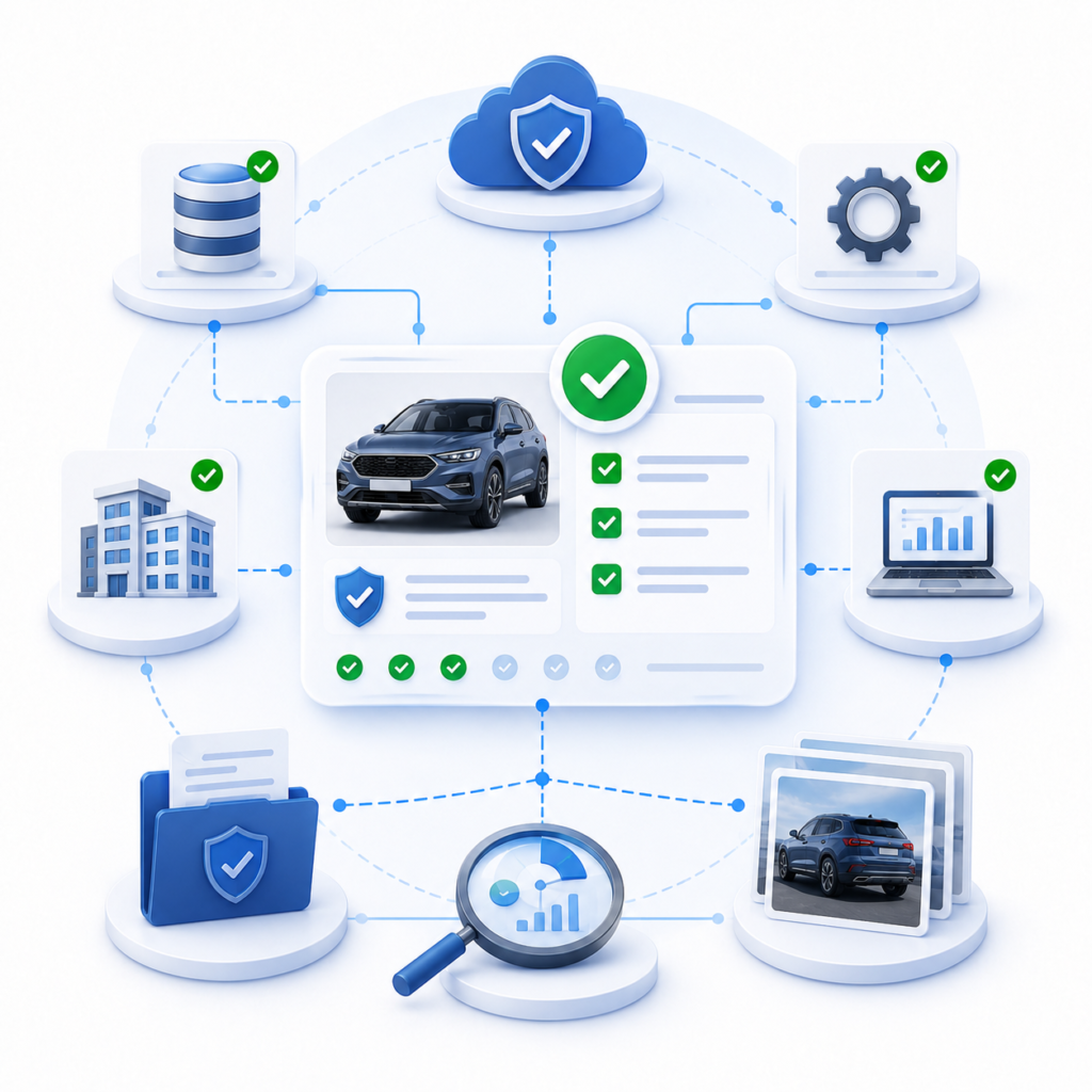 Illustration showing vehicle records connected to documentation, inspection, database, and review systems for configuration visibility.
