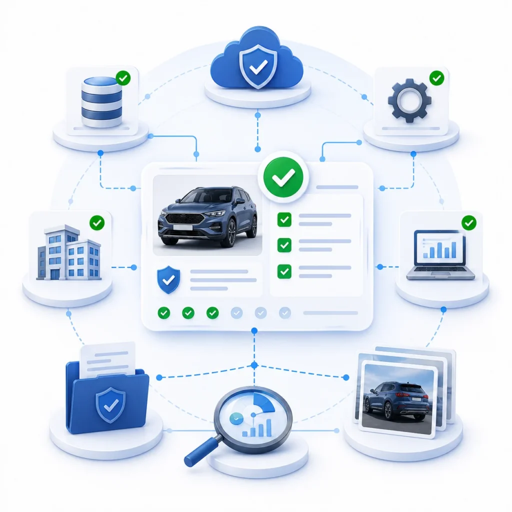 Illustration showing vehicle records connected to documentation, inspection, database, and review systems for configuration visibility.