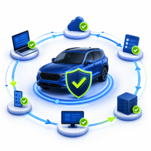 Illustration showing a verified vehicle surrounded by connected platform systems, representing persistent verification status across marketplace workflows.