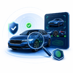 Illustration showing a vehicle with verification shield, magnifying glass, fingerprint, and image records representing durable insurance verification status.