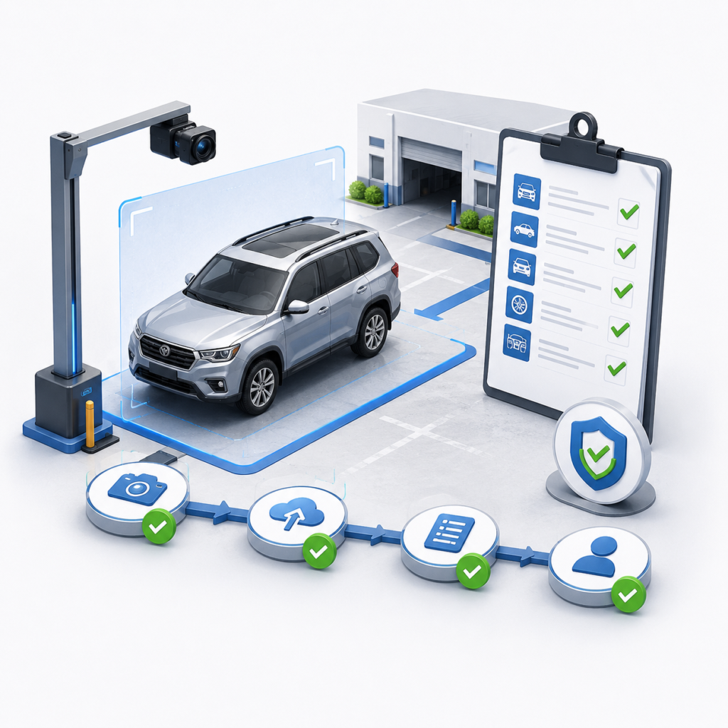 Illustration showing a vehicle image capture workflow with camera, checklist, shield, and verification steps for LotLenz pilot opportunities.