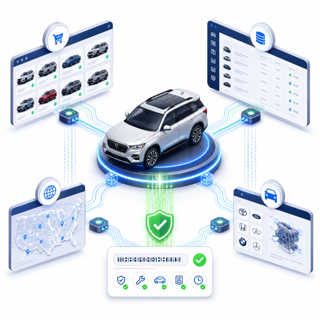 Illustration showing a verified vehicle connected to marketplace, inventory, mapping, data, and platform integration systems.