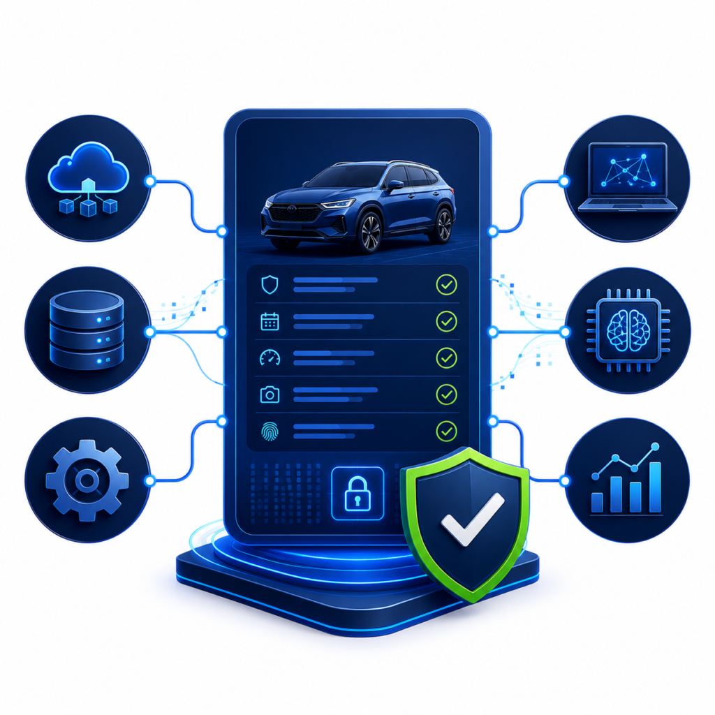 Illustration showing a machine-readable vehicle verification record connected to cloud, database, AI, analytics, and security systems.
