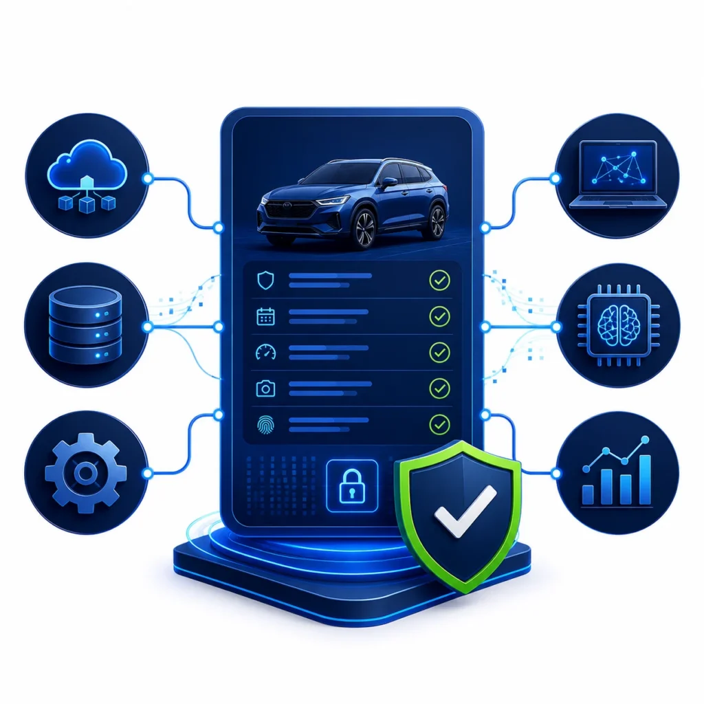 Illustration showing a machine-readable vehicle verification record connected to cloud, database, AI, analytics, and security systems.