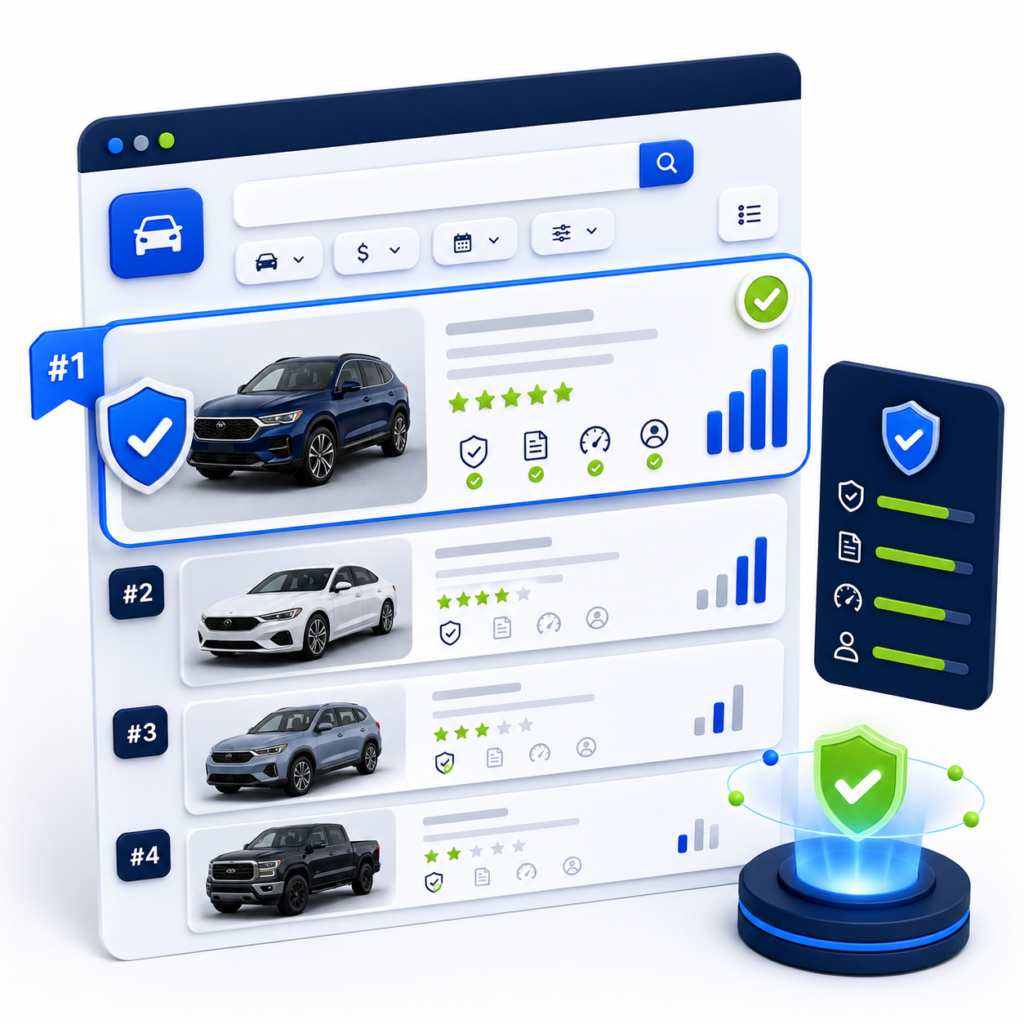 Illustration showing verified vehicle listings, ranking signals, analytics, and trust badges for marketplace inventory sorting.