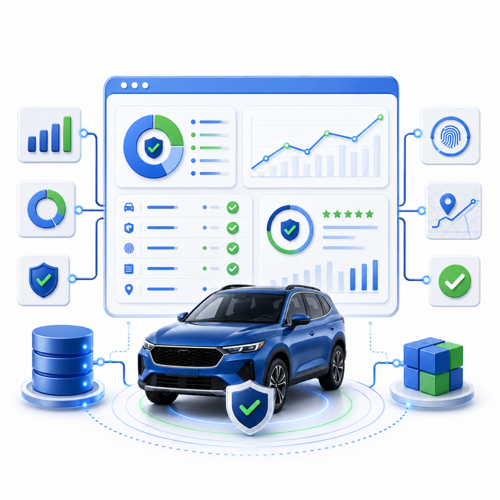 Illustration showing a vehicle verification dashboard with charts, trust shields, location data, and analytics indicators.