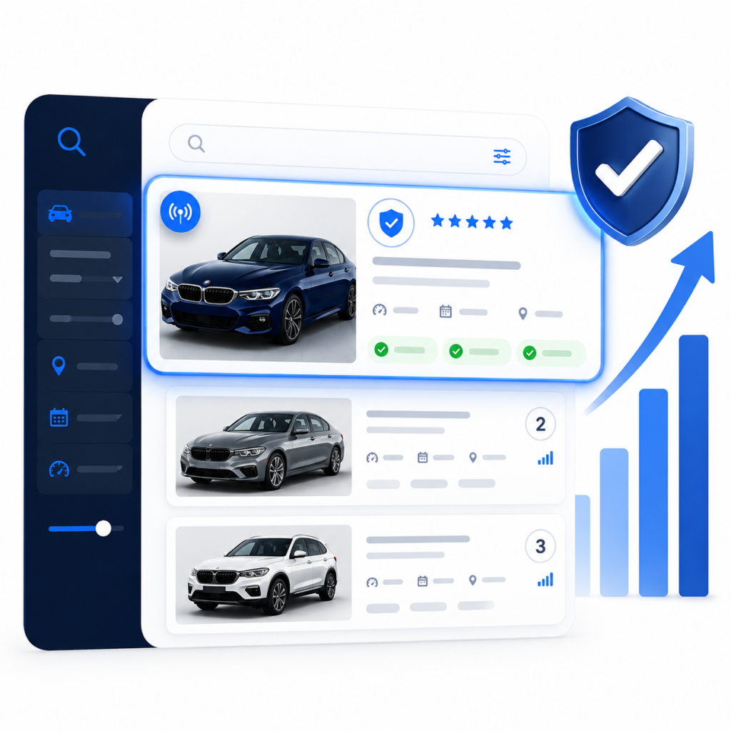 Illustration showing verified vehicle listings, ranking analytics, and trust shield signals used for marketplace search and inventory ranking.