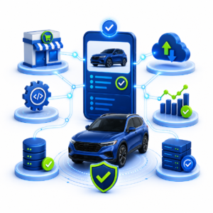 Illustration showing verified vehicle data connected to marketplace, cloud, analytics, and system icons for structured authenticity signals.