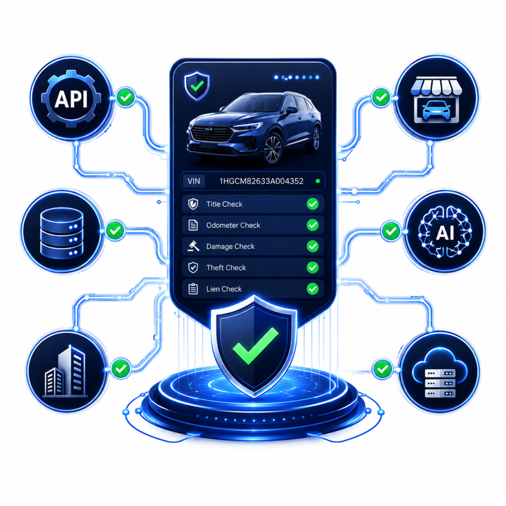 Illustration showing TIPV vehicle verification activity with a trusted vehicle record connected to API, AI, marketplace, database, and enterprise systems.