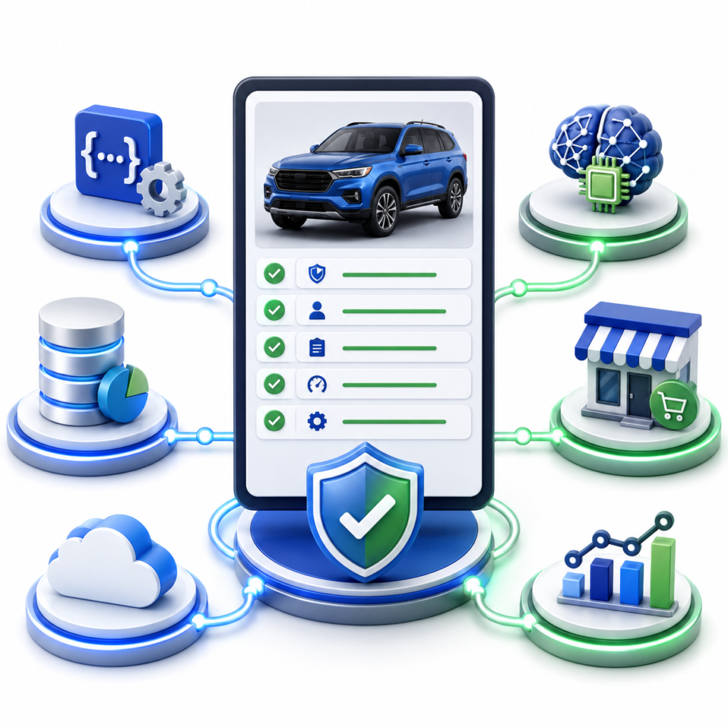 Illustration showing a verified vehicle record connected to cloud, database, AI, marketplace, and analytics systems for trust interaction measurement.