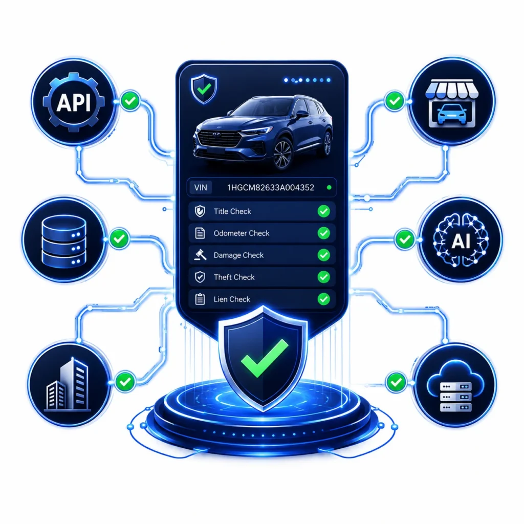 Illustration showing TIPV vehicle verification activity with a trusted vehicle record connected to API, AI, marketplace, database, and enterprise systems.