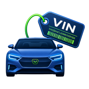 Illustration showing a vehicle connected to a VIN tag, representing verified imagery tied to a specific vehicle identity.
