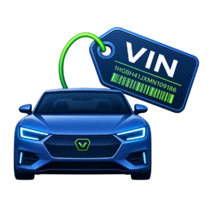 Illustration showing a vehicle connected to a VIN tag, representing verified imagery tied to a specific vehicle identity.