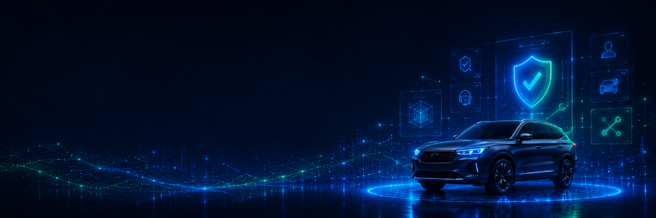 Dark LotLenz FAQ background showing a verified vehicle, trust shield, and connected digital verification icons for pilot and technical conversation requests.