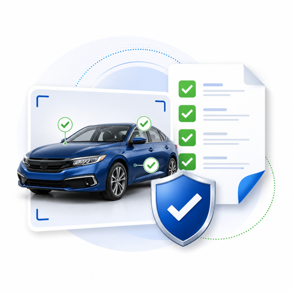Illustration showing a verified vehicle image with checklist, shield, and documentation signals for insurance underwriting review.