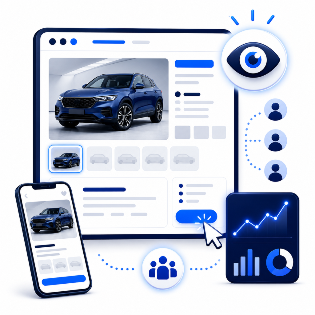 Illustration showing a vehicle listing page with shopper activity, views, clicks, mobile browsing, and analytics icons.