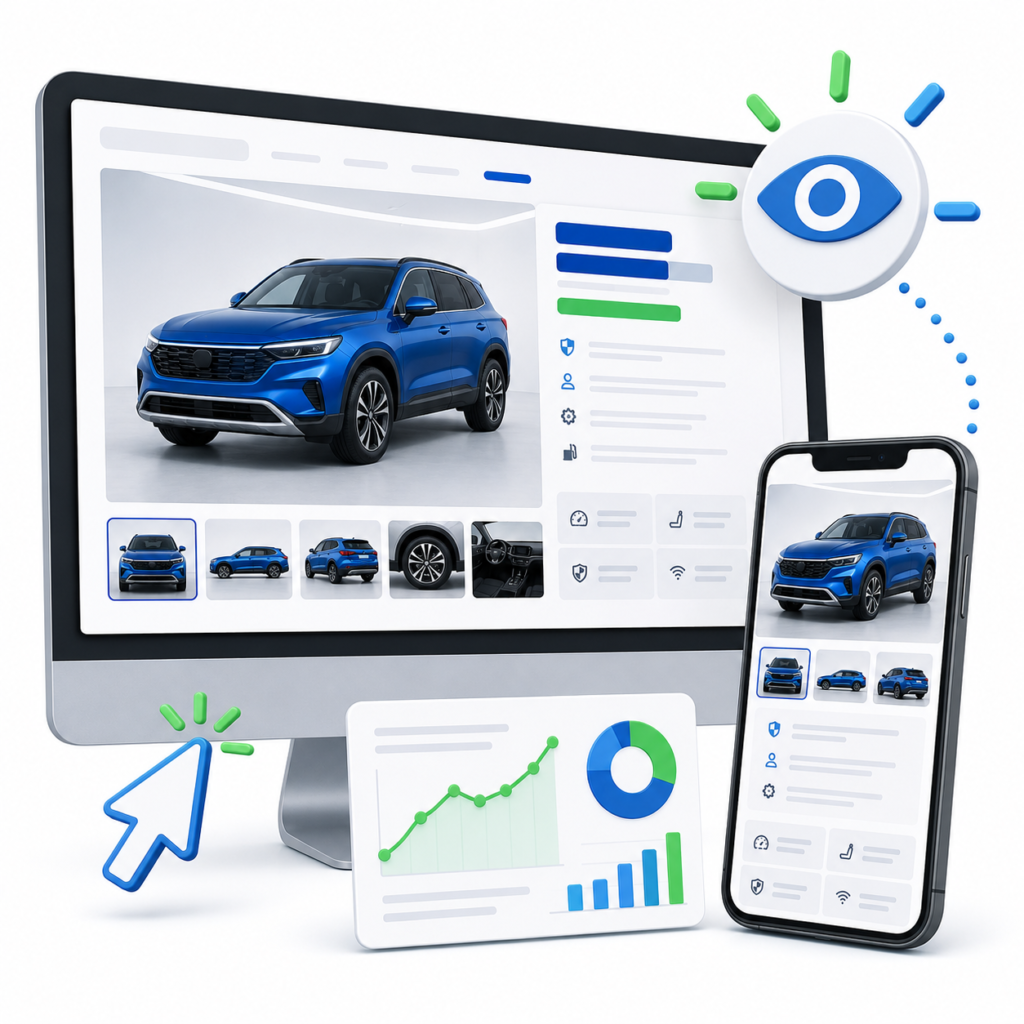 Illustration showing a vehicle listing on desktop and mobile screens with clicks, views, shopper engagement, and analytics charts.