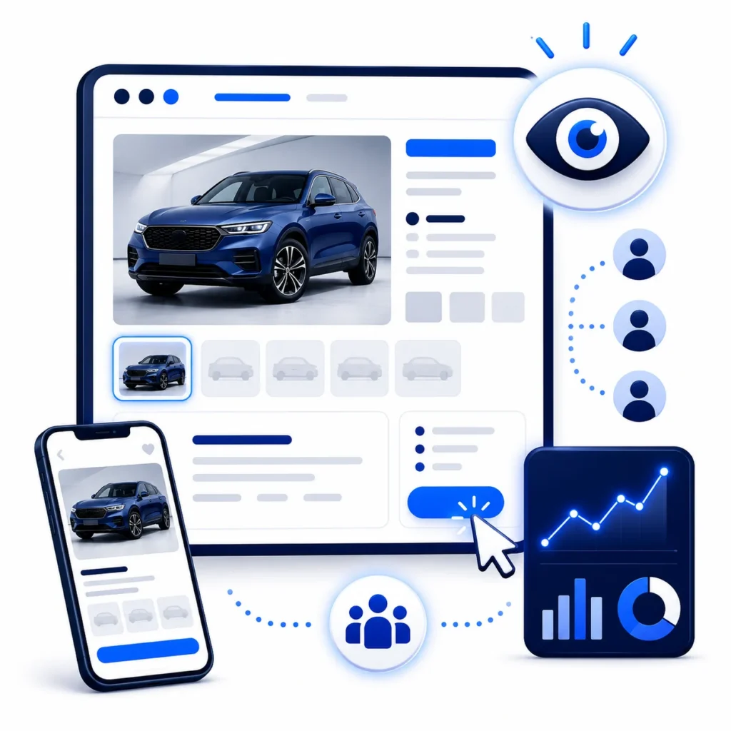 Illustration showing a vehicle listing page with shopper activity, views, clicks, mobile browsing, and analytics icons.