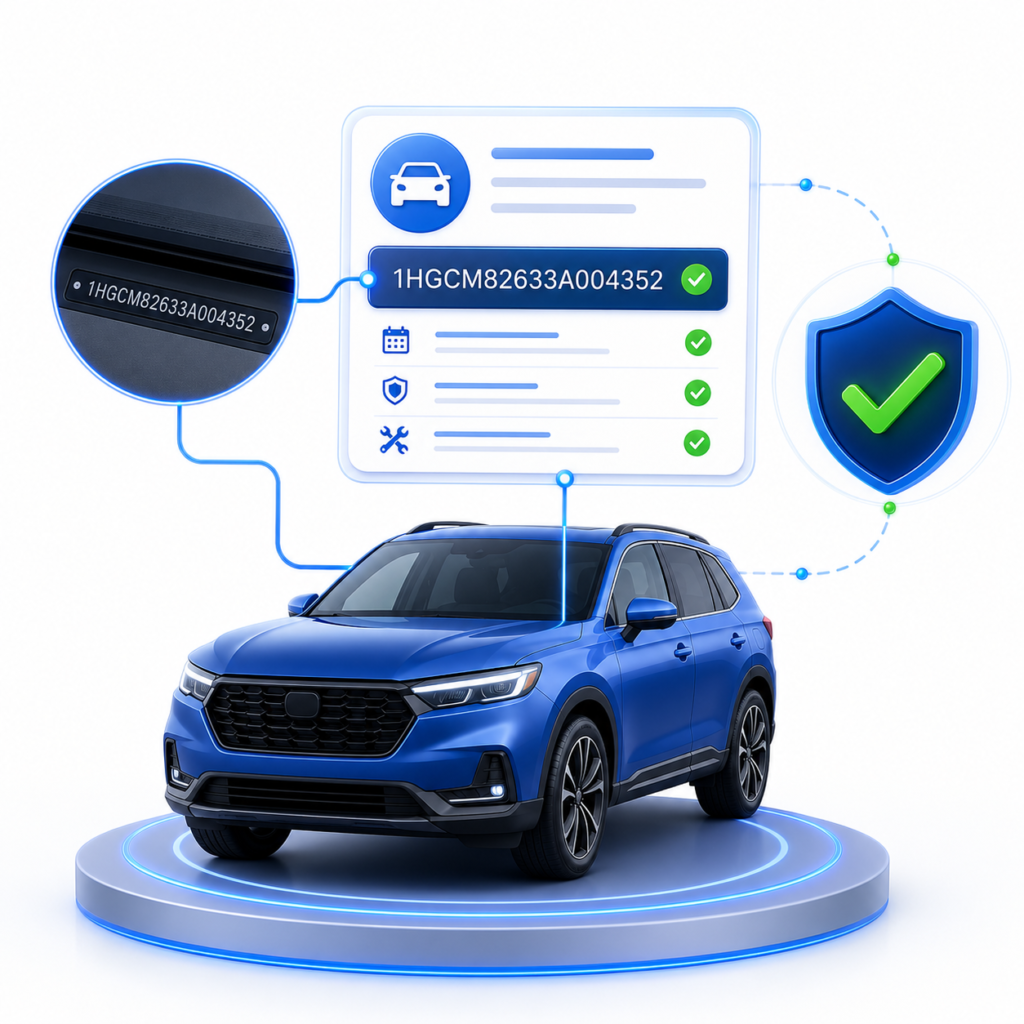 Illustration showing a verified vehicle connected to a VIN-level record, shield, and identity check for trusted vehicle verification.