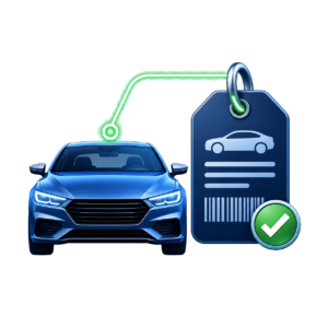 Illustration showing a vehicle connected to a VIN tag and verification checkmark, representing image association with a specific vehicle identity.
