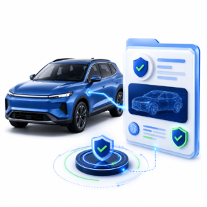 Illustration showing a verified vehicle connected to a VIN-level digital record, identity data, and trust shield.