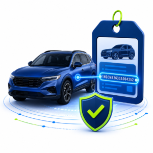 Illustration showing a vehicle connected to a VIN tag and trust shield, representing VIN-level verification for marketplace vehicle records.