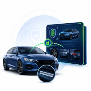 Illustration showing a vehicle connected to verified image records and identity signals for insurance review workflows.