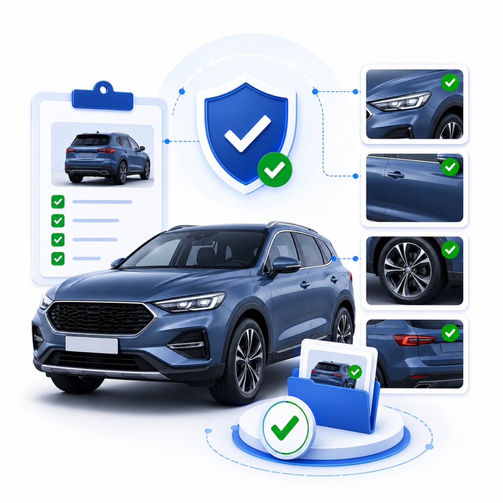 Illustration showing a verified vehicle with condition images, checklist, shield, and supporting records for insurance vehicle review.