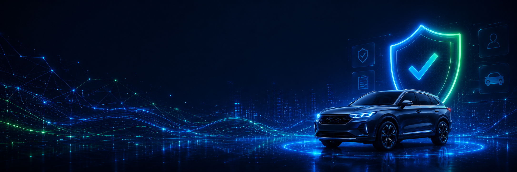 LotLenz FAQ hero showing a verified vehicle, glowing trust shield, connected digital network, and vehicle verification icons for questions about VIN-level trust and machine-readable records.