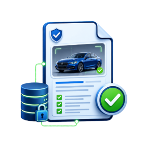 Illustration showing a verified vehicle record connected to a database and security lock, representing a structured insurance verification record.