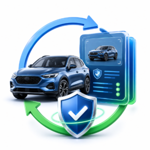 Illustration showing a vehicle, trust shield, and circular verification arrows representing persistent verification status for each image record.