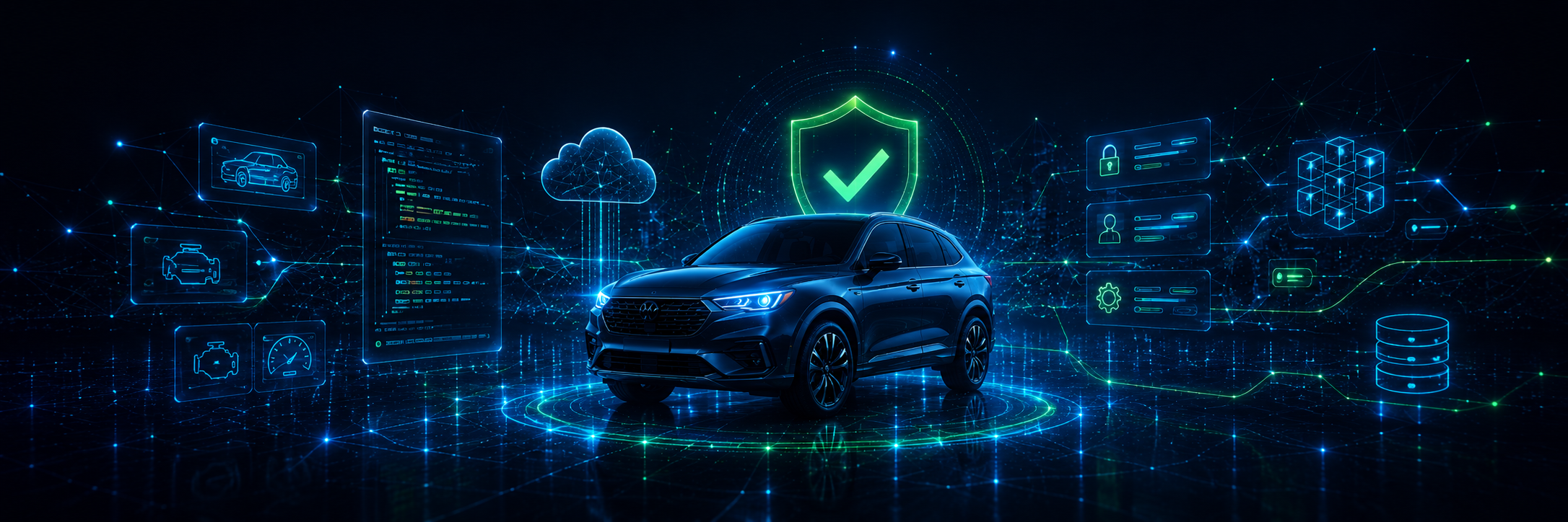 LotLenz developers API hero showing machine-readable vehicle verification data, code panels, cloud systems, database, security records, and connected platform workflows.