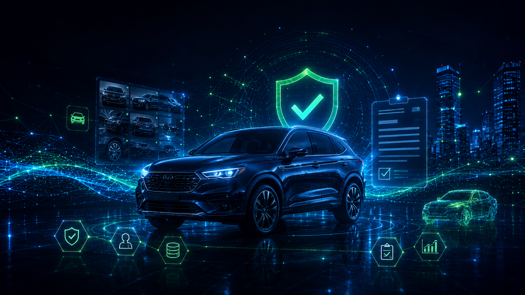 LotLenz insurance workflow hero showing a verified vehicle, trust shield, vehicle image records, insurance document, and connected digital review network.
