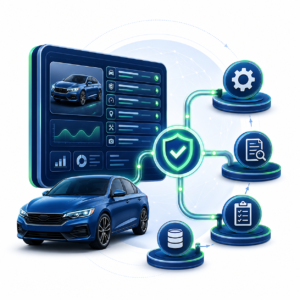Illustration showing a vehicle connected to dashboards, verification records, databases, and workflow systems for insurance review and automation.