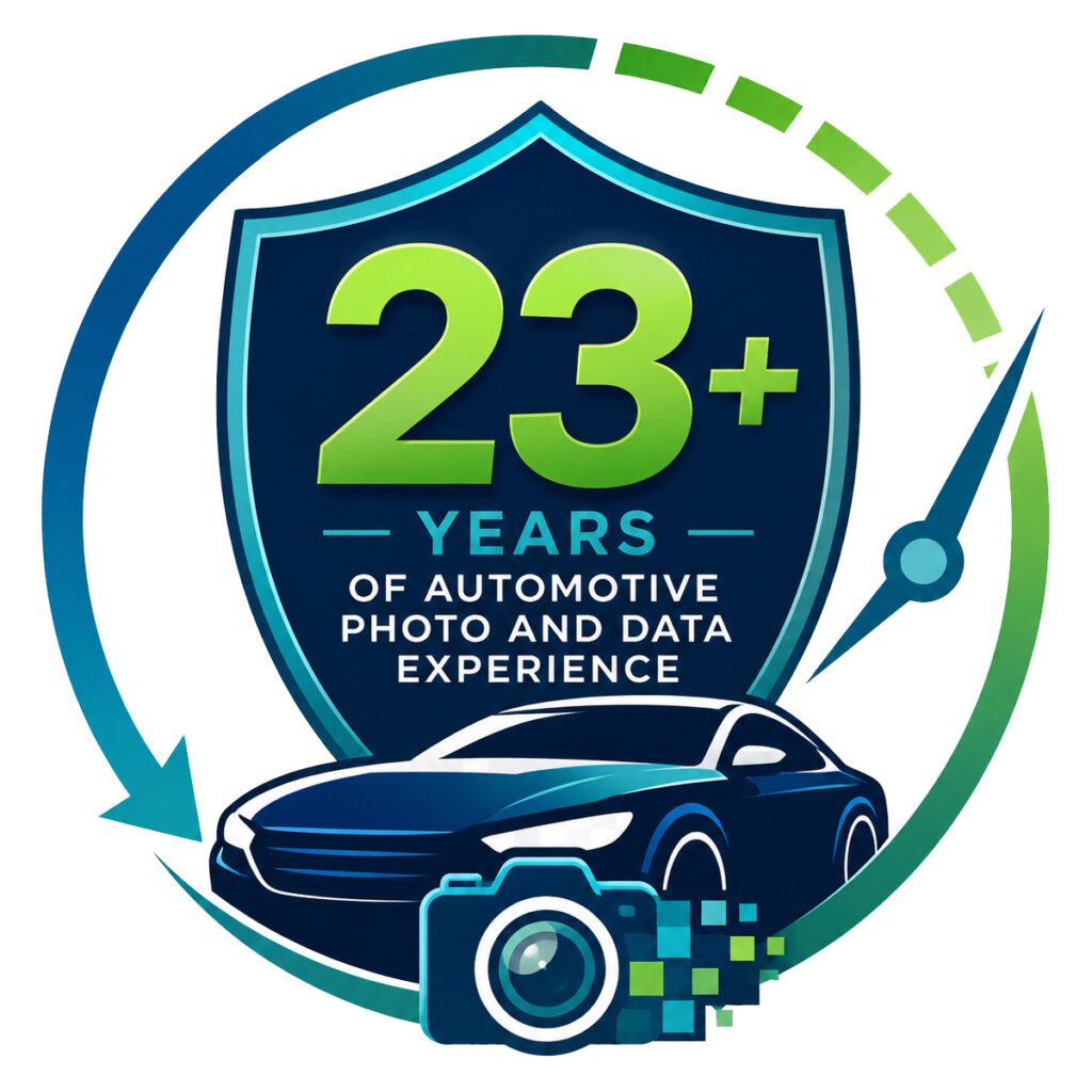 Graphic showing 23+ years of automotive photo and data experience with a vehicle, camera, shield, and speedometer-style design.