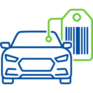 Icon showing a vehicle connected to a VIN tag, representing vehicle imagery tied to the correct VIN record.