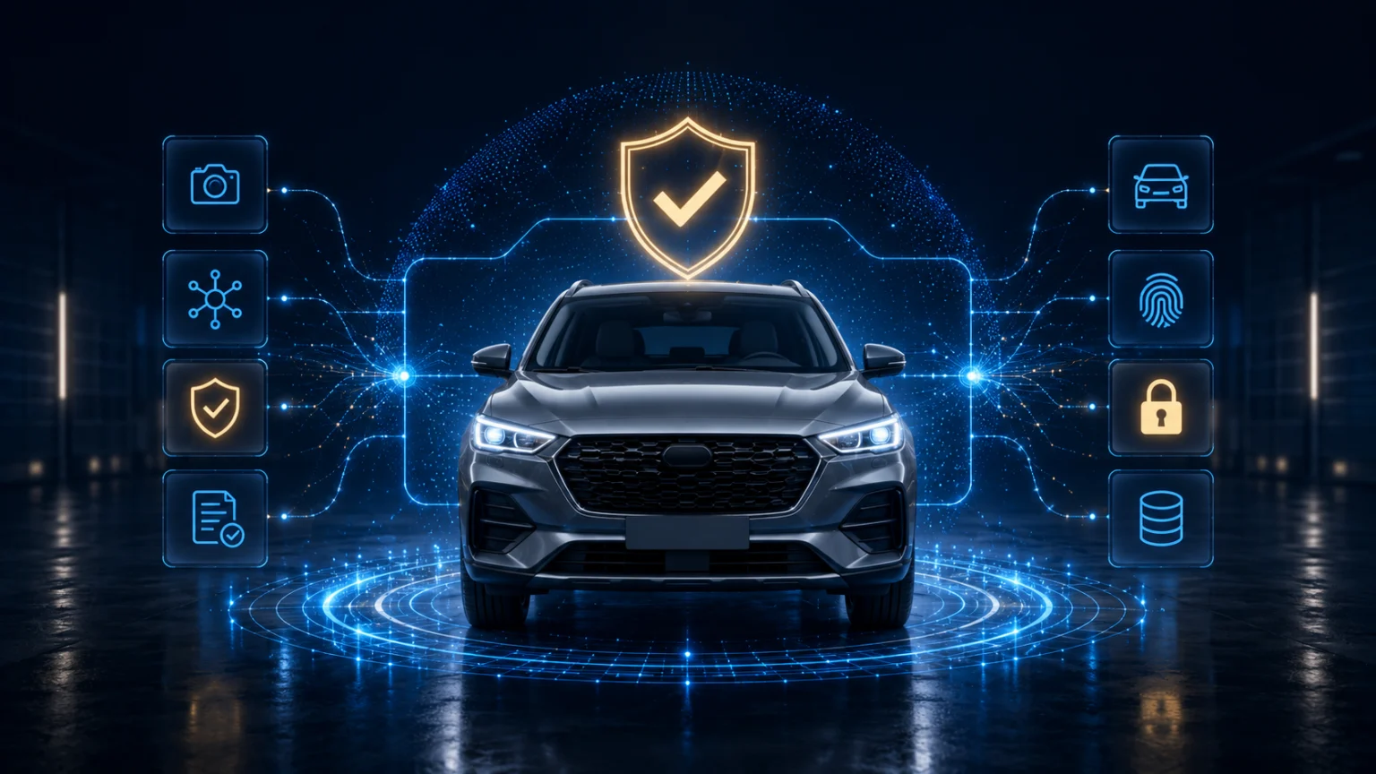 Futuristic SUV with authentication shield, camera, identity, security, and data icons representing verified vehicle imagery for AI and autonomous commerce.